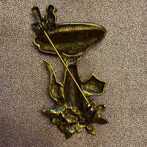 💜Danecraft Matte Gold Tone Blue Green Enamel Birdbath Bird Cat Brooch Pin Signed - Picture 3 of 8